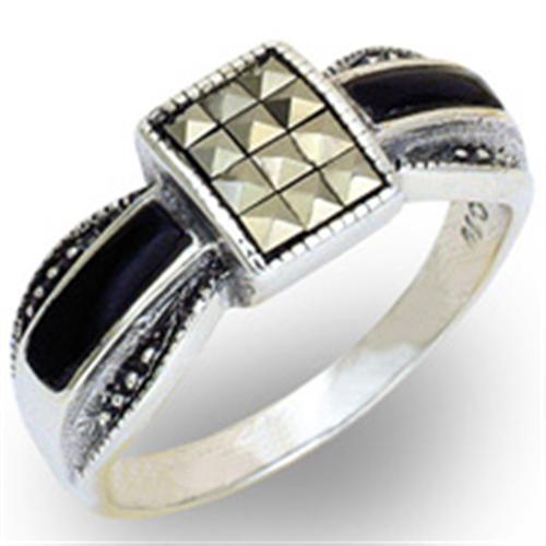 JCE126 Antique Tone 925 Sterling Silver Ring with Semi-Precious Jade in Jet