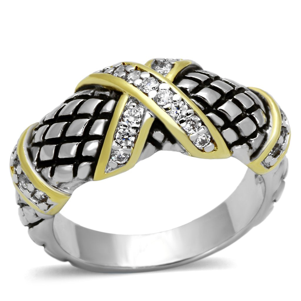 JCE314 Reverse Two-Tone Brass Ring with AAA Grade CZ  in Clear