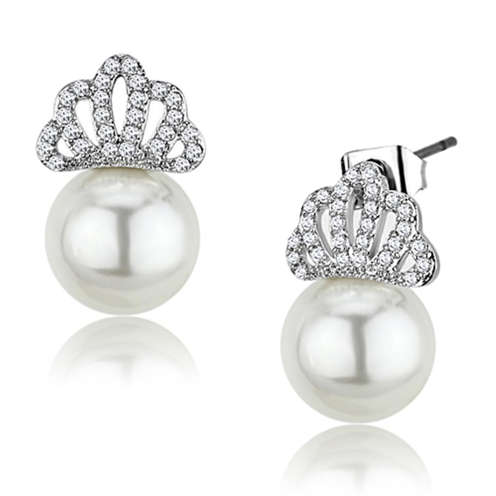 JCE383 Rhodium Brass Earrings with Synthetic Pearl in White