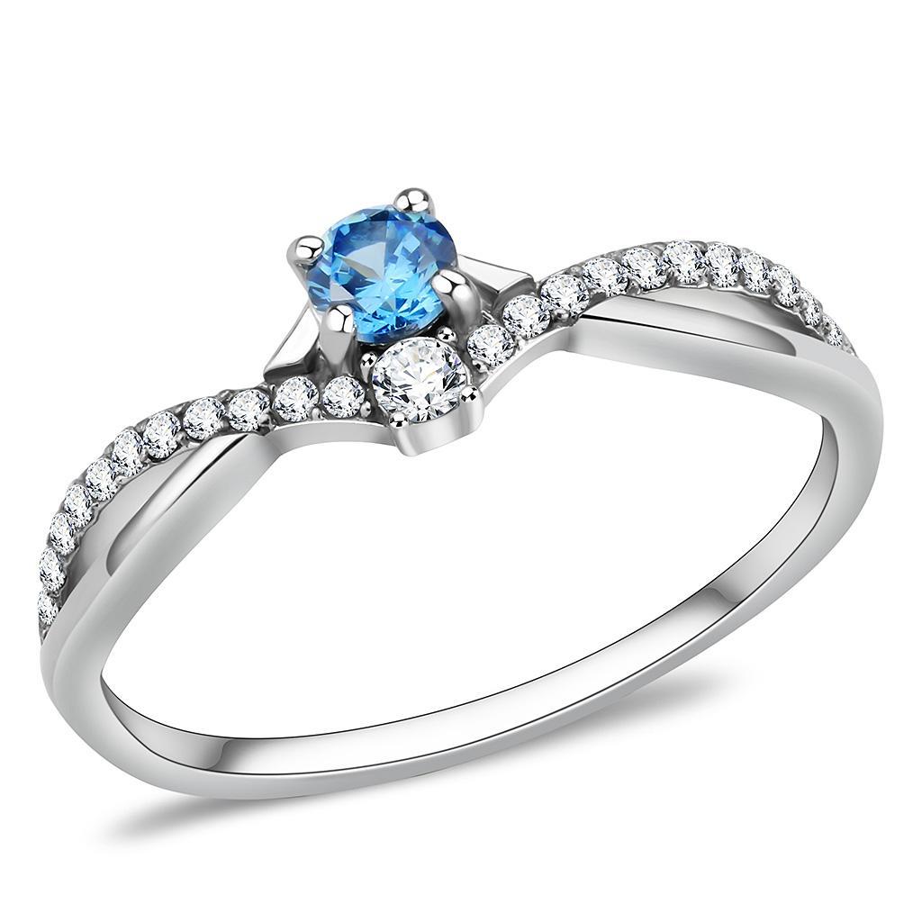 JCE120 High polished (no plating) Stainless Steel Ring with AAA Grade CZ  in Sea Blue