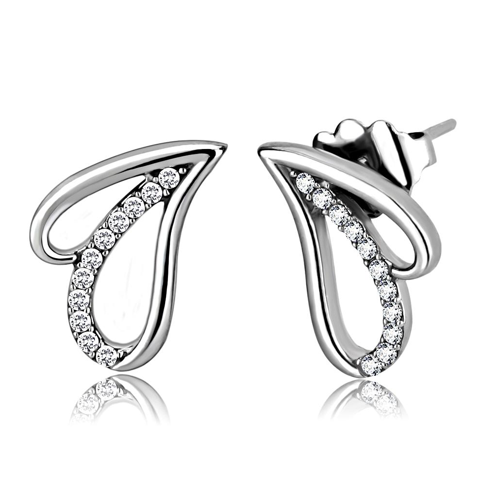 JCE195 High polished (no plating) Stainless Steel Earrings with AAA Grade CZ  in Clear