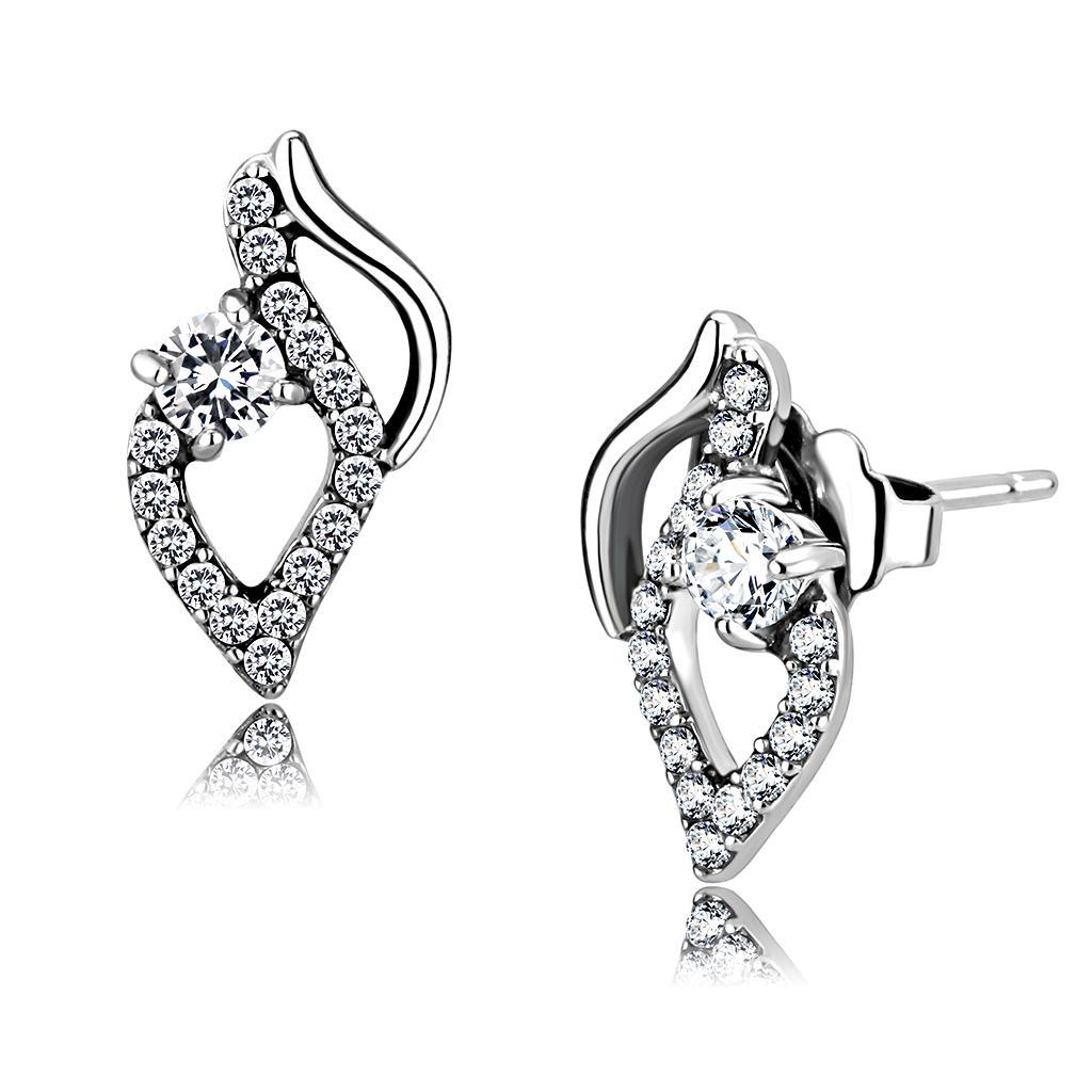 JCE199 High polished (no plating) Stainless Steel Earrings with AAA Grade CZ  in Clear