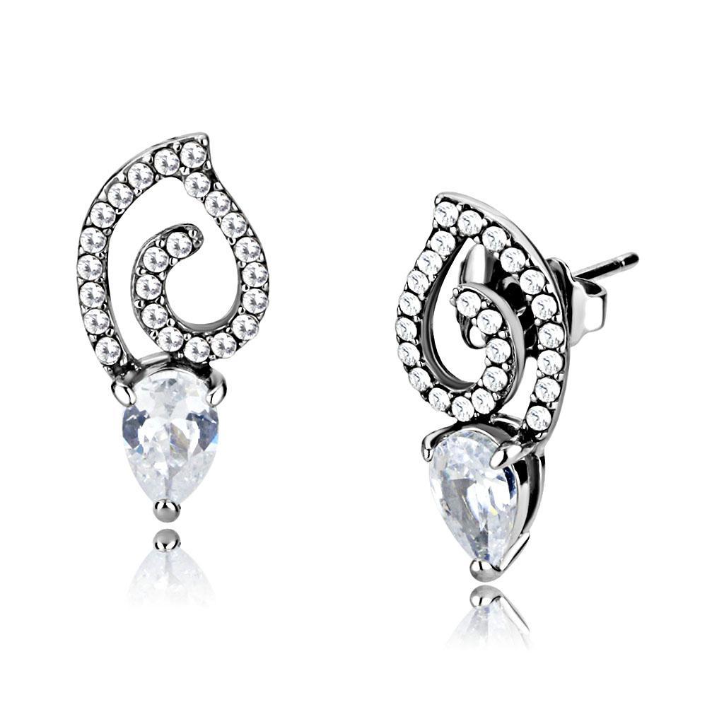 JCE291 High polished (no plating) Stainless Steel Earrings with AAA Grade CZ  in Clear