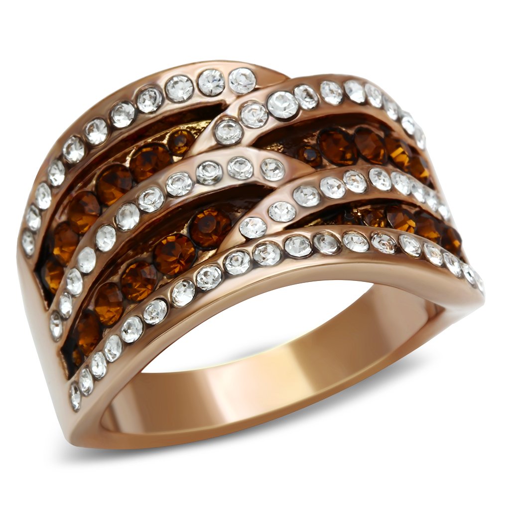 JCE217 IP Rose Gold(Ion Plating) Brass Ring with Top Grade Crystal  in Smoked Quartz