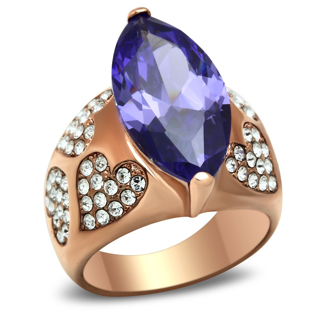 JCE241 IP Rose Gold(Ion Plating) Brass Ring with AAA Grade CZ  in Tanzanite