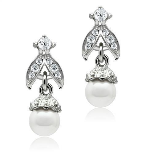 JCE1988 Rhodium White Metal Earrings with Synthetic Pearl in White