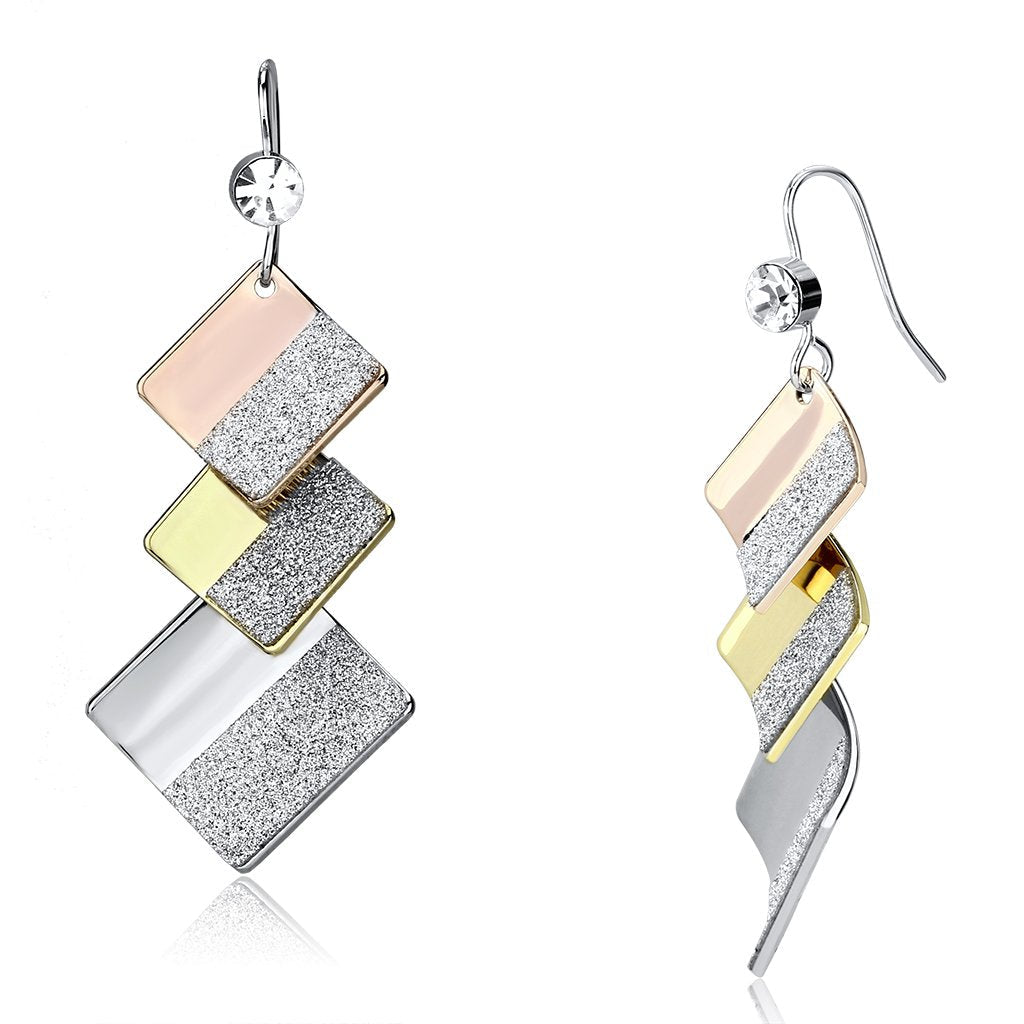 JCE2713 Rhodium + Gold + Rose Gold Iron Earrings with Top Grade Crystal  in Clear