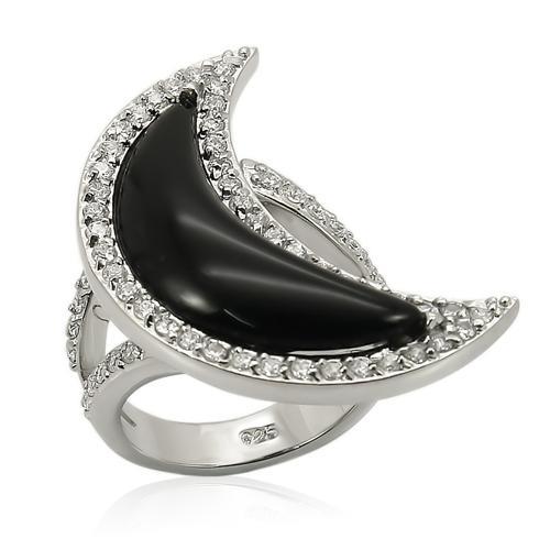 JCES202 Rhodium 925 Sterling Silver Ring with Synthetic Synthetic Glass in Jet