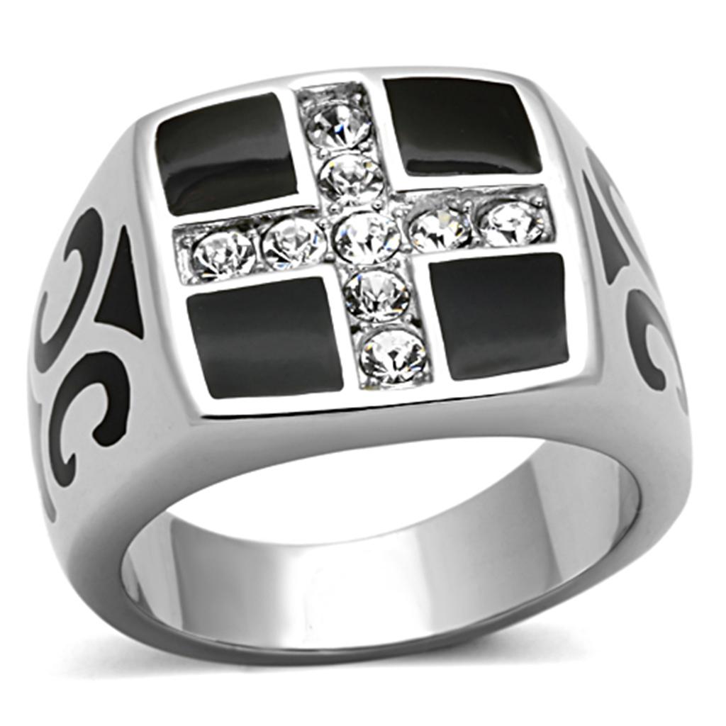 JCE1179 High polished (no plating) Stainless Steel Ring with Top Grade Crystal  in Clear