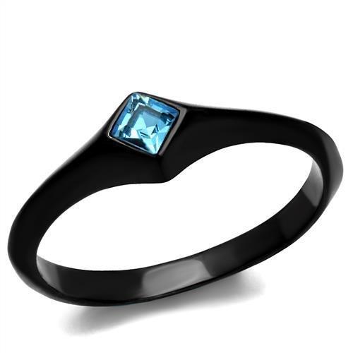 JCE2284 IP Black(Ion Plating) Stainless Steel Ring with Top Grade Crystal  in Sea Blue