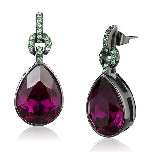 JCE2726 IP Light Black  (IP Gun) Stainless Steel Earrings with Top Grade Crystal  in Fuchsia