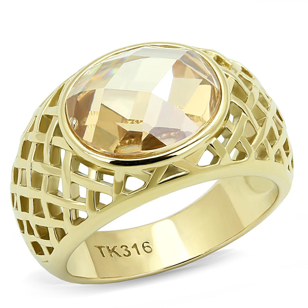 JCE3122 IP Gold(Ion Plating) Stainless Steel Ring with AAA Grade CZ  in Champagne