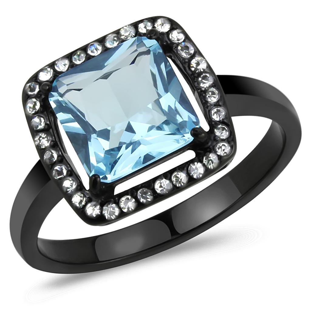 JCE3447 IP Black(Ion Plating) Stainless Steel Ring with Synthetic Synthetic Glass in Sea Blue