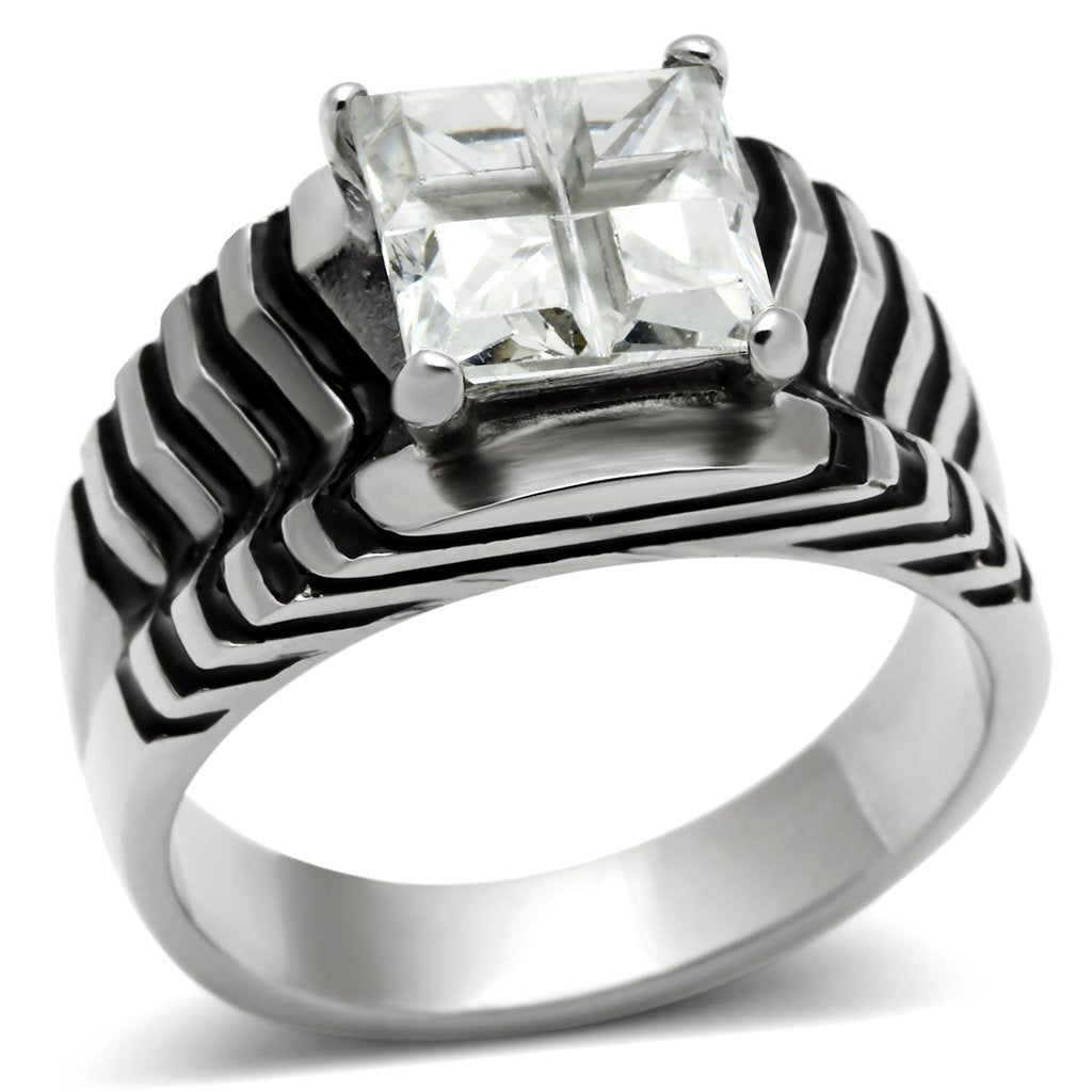 JCE393 High polished (no plating) Stainless Steel Ring with AAA Grade CZ  in Clear