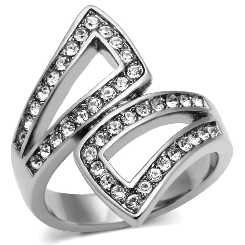 JCE625 High polished (no plating) Stainless Steel Ring with Top Grade Crystal  in Clear