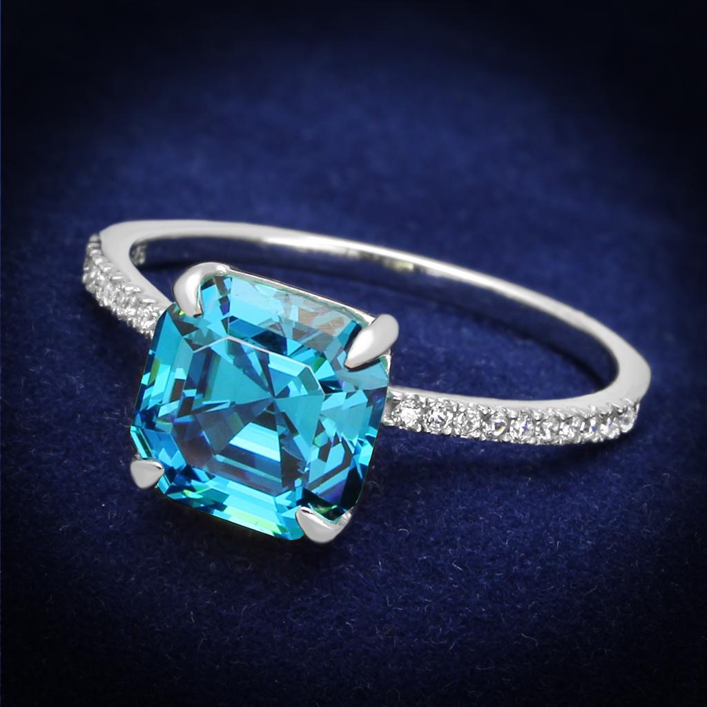 JCE178 Rhodium 925 Sterling Silver Ring with Cubic  in Sea Blue