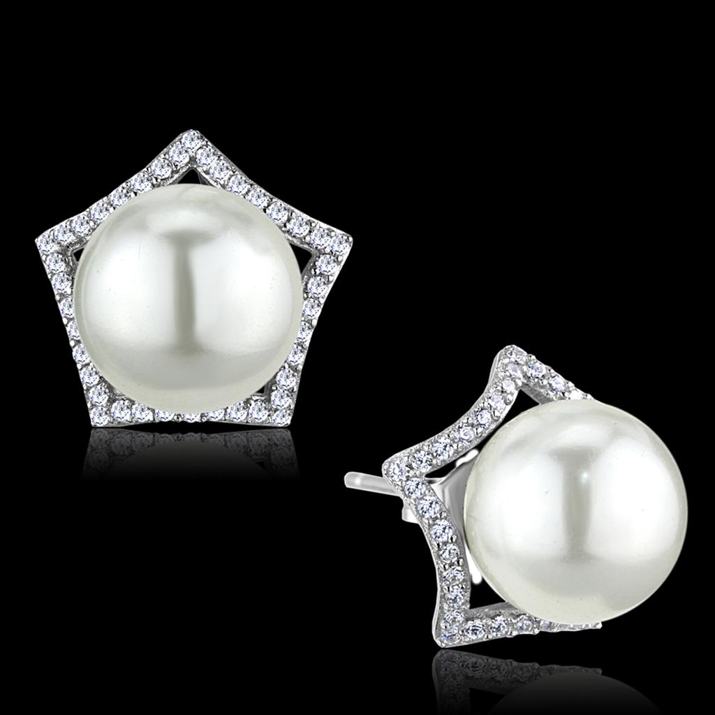 JCE300 Rhodium 925 Sterling Silver Earrings with Synthetic Pearl in White